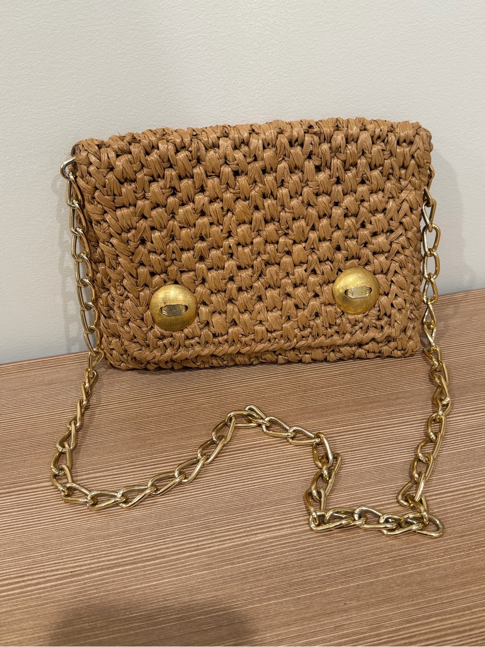 Vintage RODO Italy Woven Raffia Crochet Flap Crossbody Bag Clutch Gold Chain